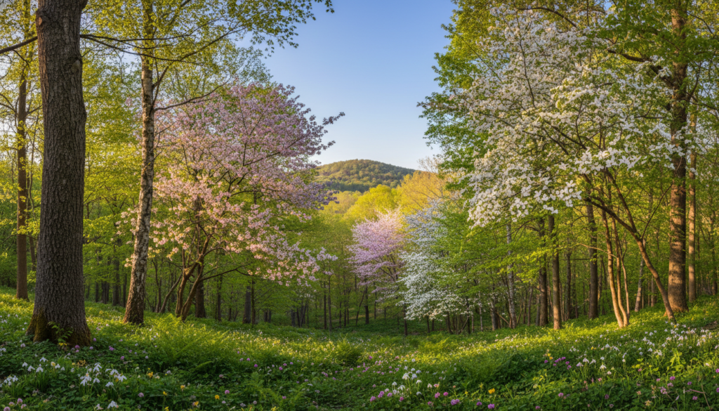 Bäume im Frühling mit grünen Knospen und Blüten