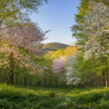 Bäume im Frühling mit grünen Knospen und Blüten