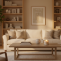 Beige Wände im Wohnzimmer mit warmer Beleuchtung