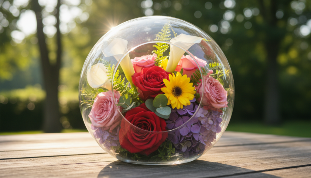 Blumen in einer Glaskugel kreativ arrangiert