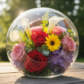 Blumen in einer Glaskugel kreativ arrangiert