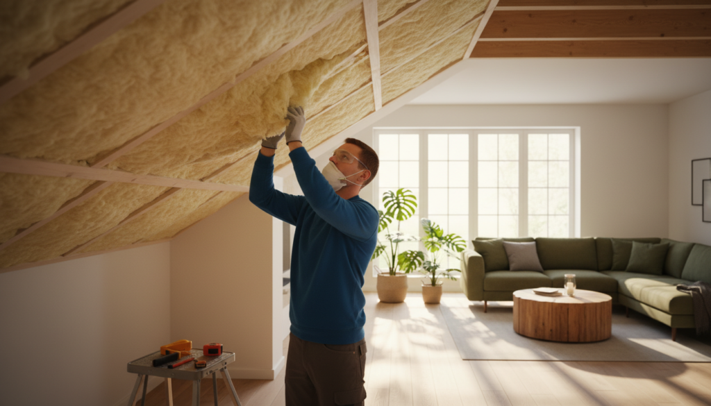 Deckendämmung mit Mineralwolle in einem Wohnhaus