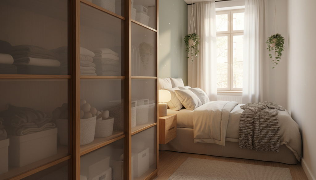 Schmales Schlafzimmer in einem Mehrfamilienhaus mit Kleiderschrank