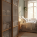 Schmales Schlafzimmer in einem Mehrfamilienhaus mit Kleiderschrank