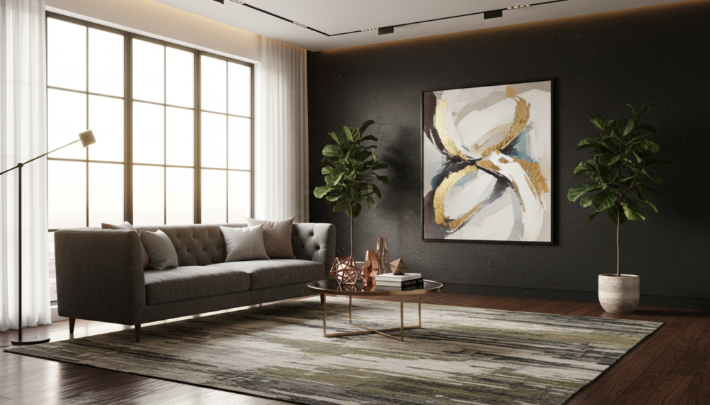 Schwarze Wand im Wohnzimmer mit eleganter Einrichtung