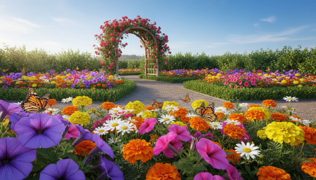Farbenfrohe Blumenbeete mit verschiedenen Beetblumen im Garten
