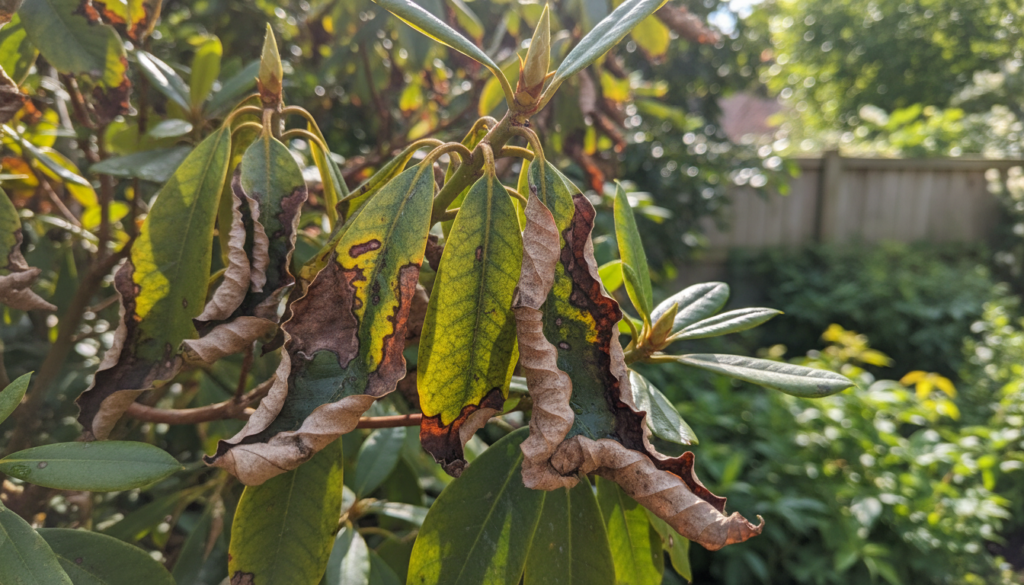 Rhododendron-Phytophthora Symptome an Blättern